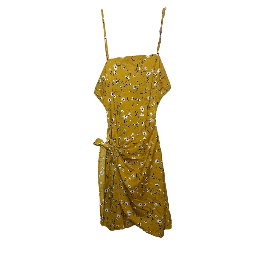 SHEIN Yellow Floral Spaghetti Strap Mini Wrap Dress Small